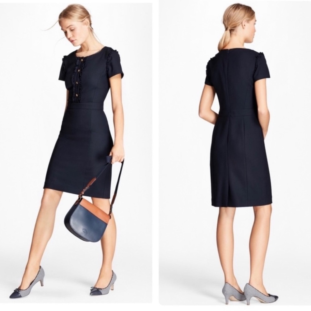 Brooks Brothers Red Fleece Wool Navy Sheath Dress with ruffles and gold buttons